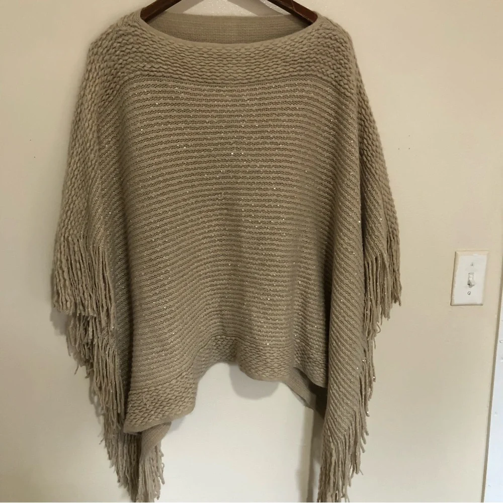 Tan knitted metallic gold fringe hem poncho